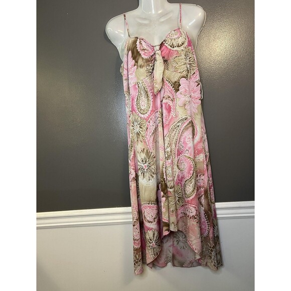 MKM Designs Dress Womens 1X Pink Brown Paisley Spaghetti Strap Bow Made USA - Picture 2 of 12